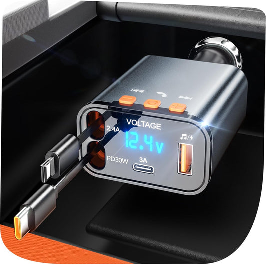 Power Up Your Ride! 🚗⚡️ Unleash the ultimate 5-in-1 Retractable Car Charger with Bluetooth 5.3 for hands-free calls, music, and dual cables for instant charging. Perfect for your phone, Galaxy, or Pixel! 🌟🔌 #CarEssentials #TechOnTheGo
