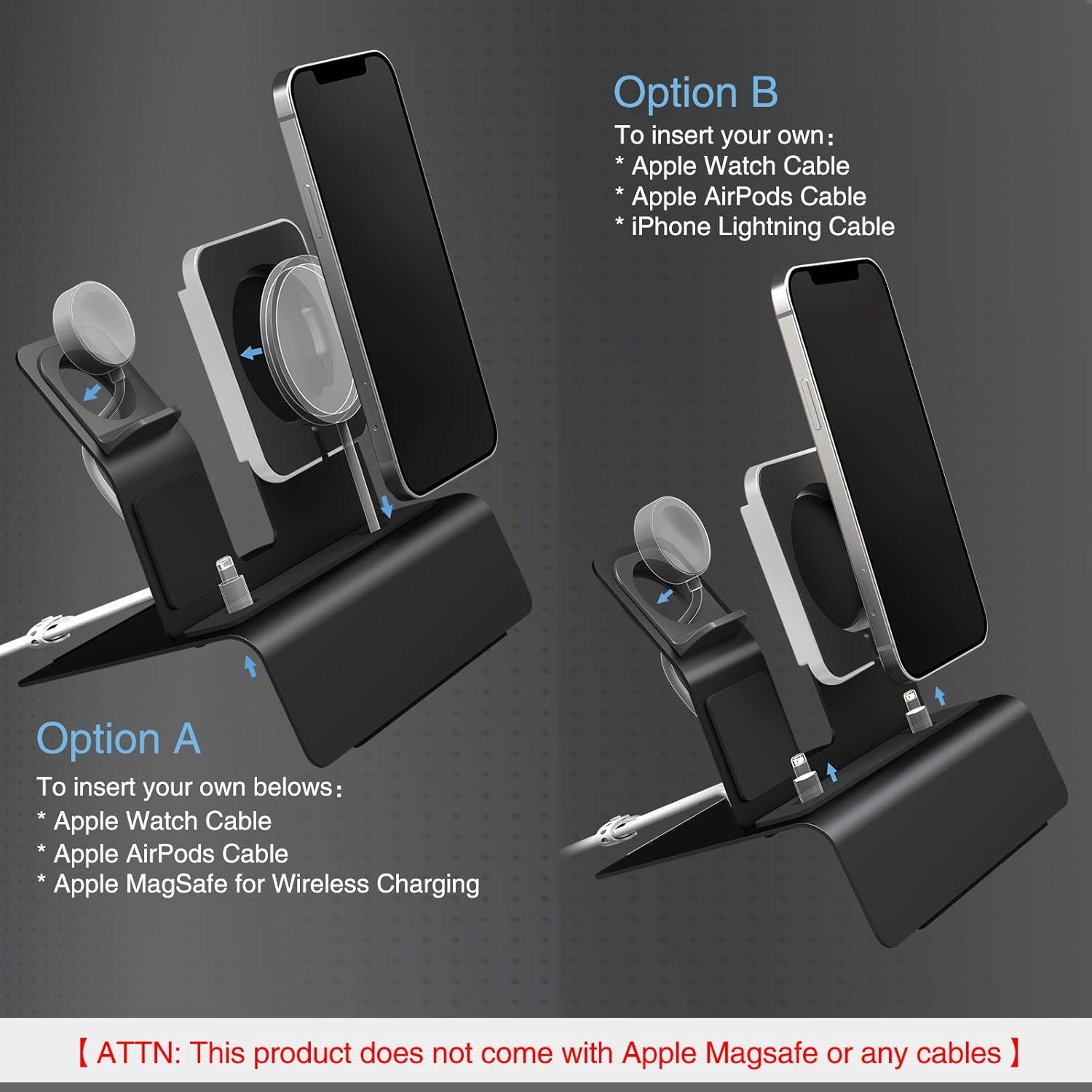 Aluminum Charging Stand for Apple Device 3 in 1 Charger Stand Holder Compatible with Magsafe Charger Iwatch Charger Airpods Pro/2/1 and Iphone Stand Holder(Charger & Cable Required)-Black