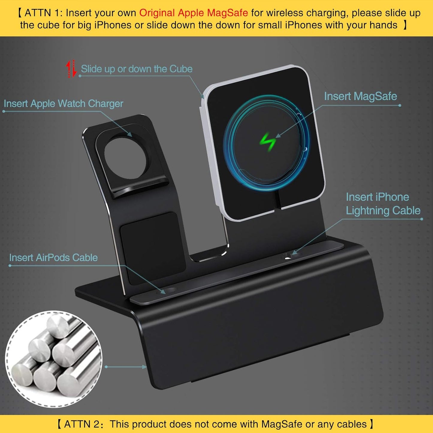 Aluminum Charging Stand for Apple Device 3 in 1 Charger Stand Holder Compatible with Magsafe Charger Iwatch Charger Airpods Pro/2/1 and Iphone Stand Holder(Charger & Cable Required)-Black