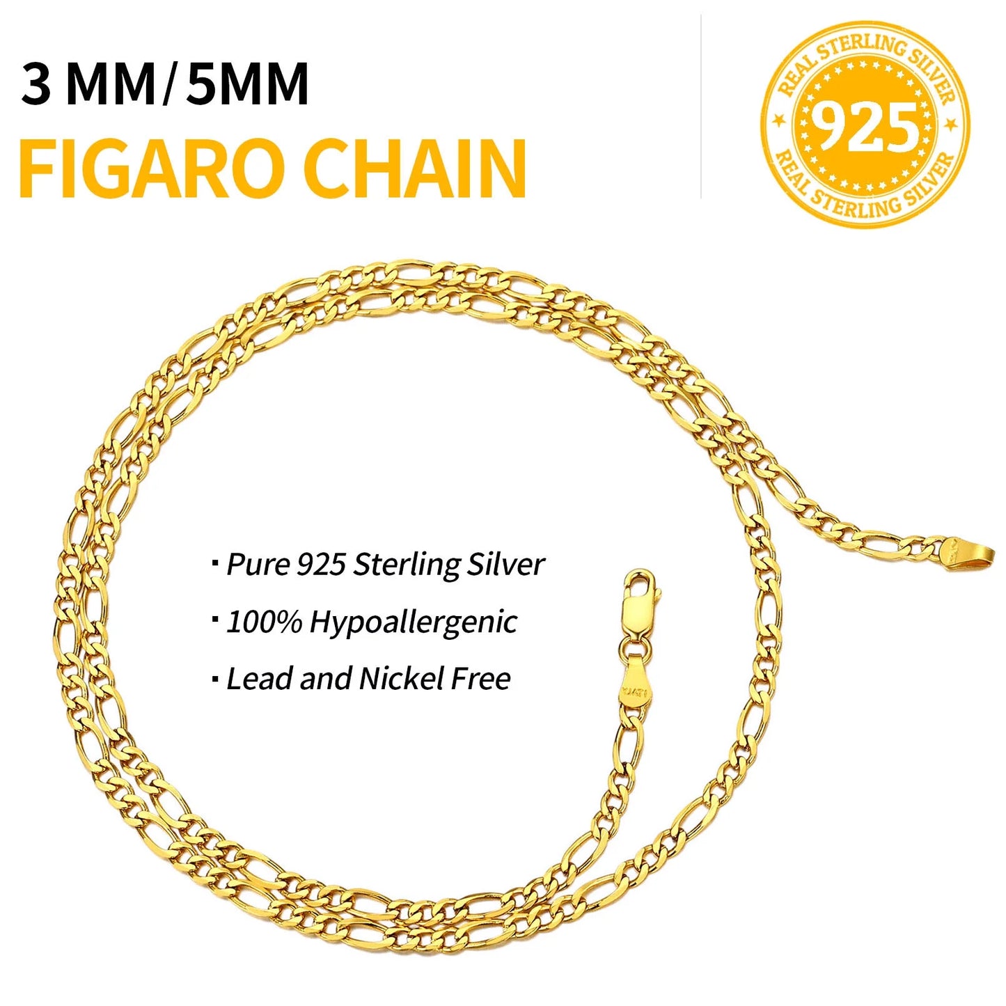 14K Gold Plated Italian 5MM Cut Figaro Necklace for Women Men, 925 Silver, Classic Style, Daily Wear, Valentine'S Day Birthday Party Gift (With Gift Box)