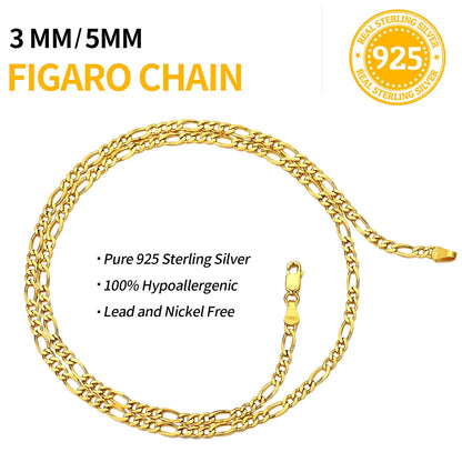 14K Gold Plated Italian 5MM Cut Figaro Necklace for Women Men, 925 Silver, Classic Style, Daily Wear, Valentine'S Day Birthday Party Gift (With Gift Box)
