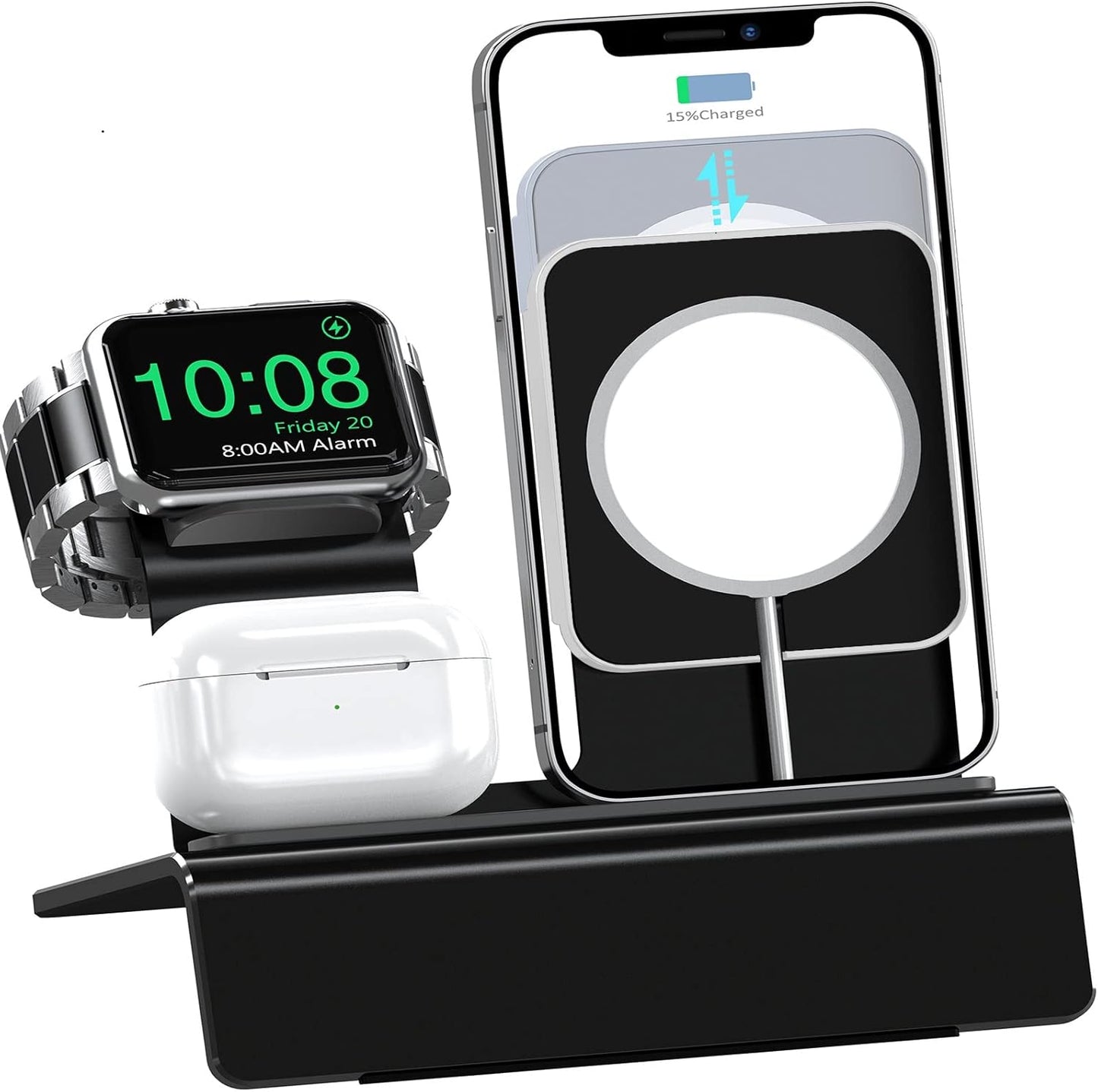 Aluminum Charging Stand for Apple Device 3 in 1 Charger Stand Holder Compatible with Magsafe Charger Iwatch Charger Airpods Pro/2/1 and Iphone Stand Holder(Charger & Cable Required)-Black