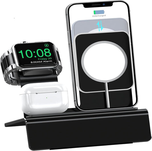 Aluminum Charging Stand for Apple Device 3 in 1 Charger Stand Holder Compatible with Magsafe Charger Iwatch Charger Airpods Pro/2/1 and Iphone Stand Holder(Charger & Cable Required)-Black