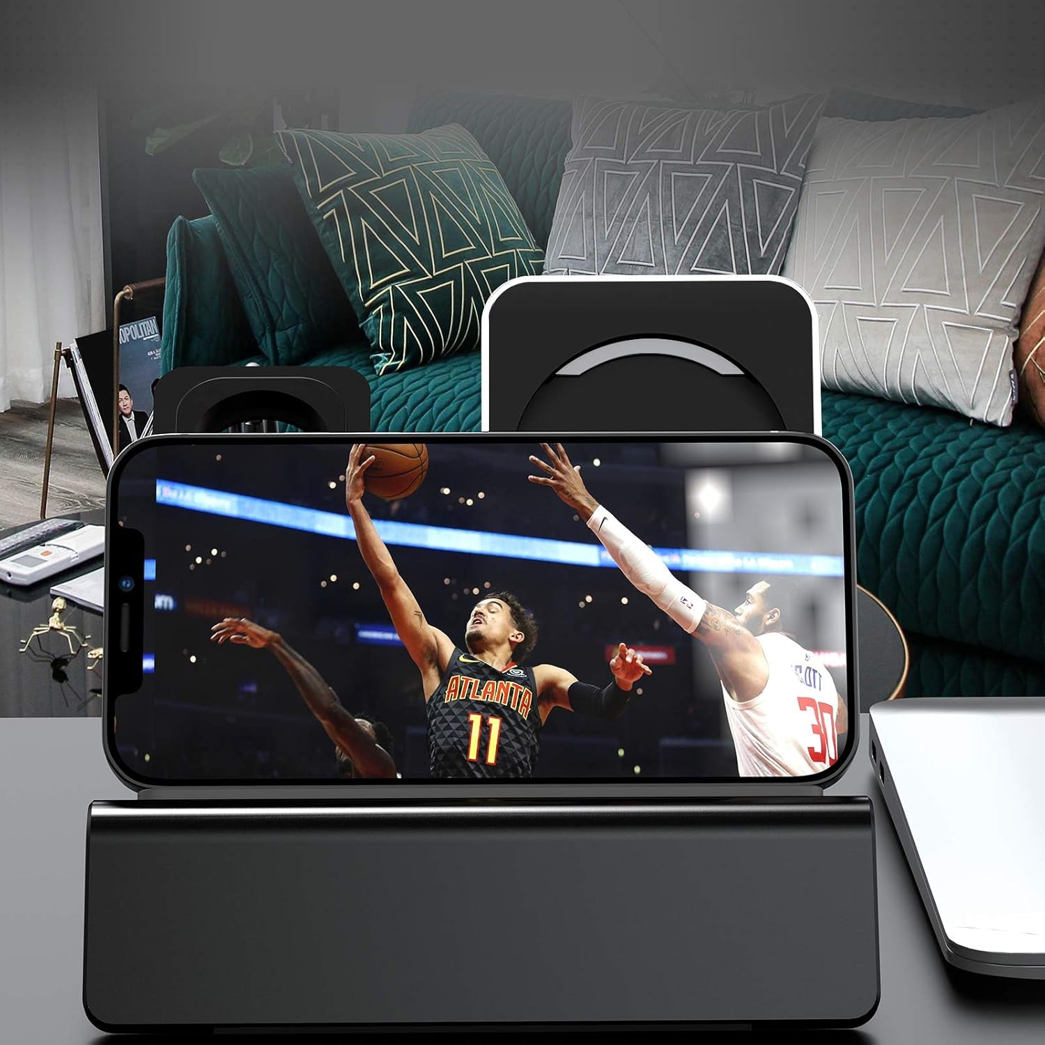 Aluminum Charging Stand for Apple Device 3 in 1 Charger Stand Holder Compatible with Magsafe Charger Iwatch Charger Airpods Pro/2/1 and Iphone Stand Holder(Charger & Cable Required)-Black