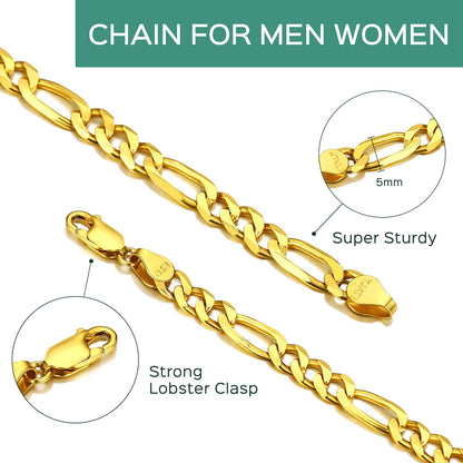 14K Gold Plated Italian 5MM Cut Figaro Necklace for Women Men, 925 Silver, Classic Style, Daily Wear, Valentine'S Day Birthday Party Gift (With Gift Box)