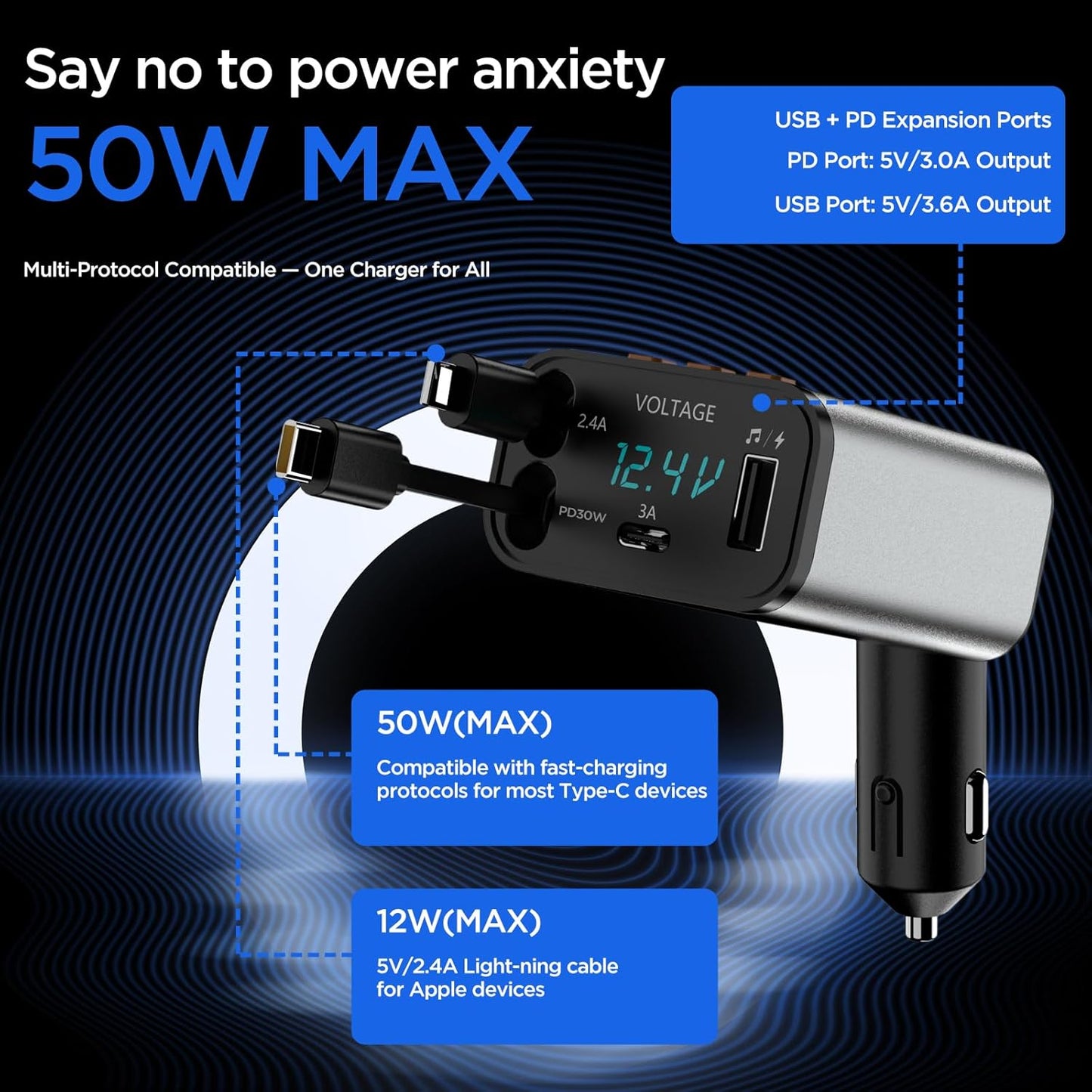 Power Up Your Ride! 🚗⚡️ Unleash the ultimate 5-in-1 Retractable Car Charger with Bluetooth 5.3 for hands-free calls, music, and dual cables for instant charging. Perfect for your phone, Galaxy, or Pixel! 🌟🔌 #CarEssentials #TechOnTheGo